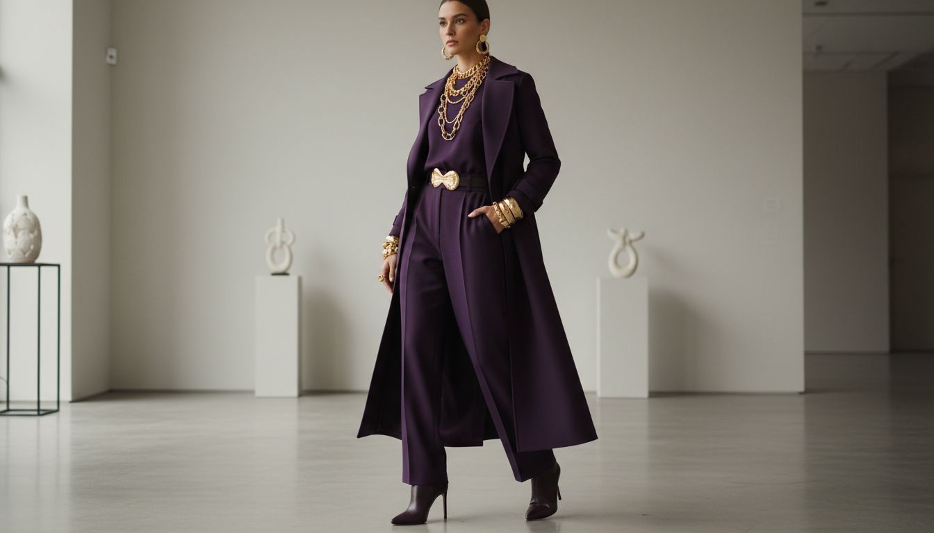 Модель в монохромном ансамбле: баклажановое пальто, брюки и обувь, с акцентом на золотые украшения.