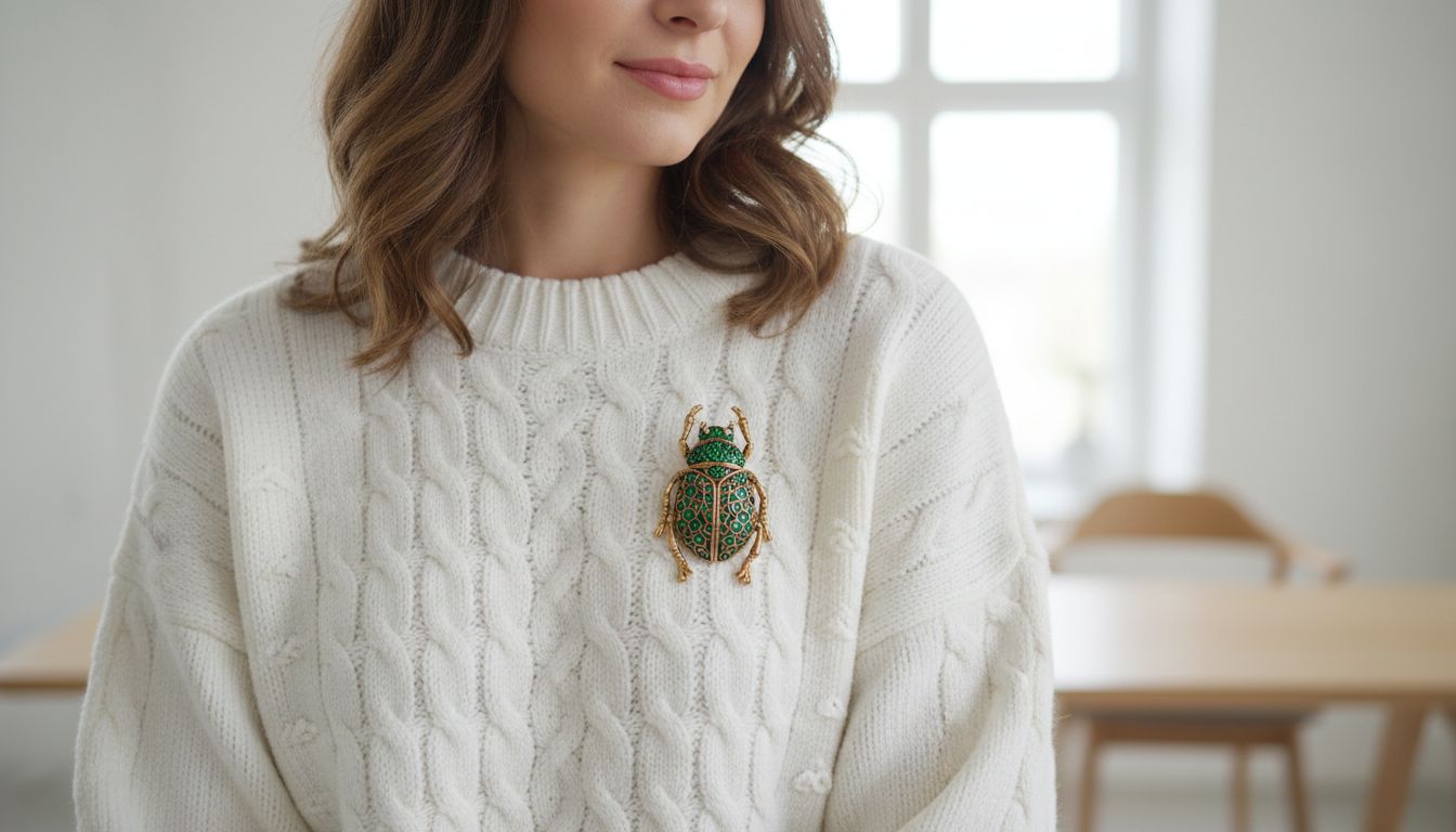 Девушка в объемном белом свитере крупной вязки, на груди которого закреплена массивная брошь в виде золотого жука с зелеными камнями.