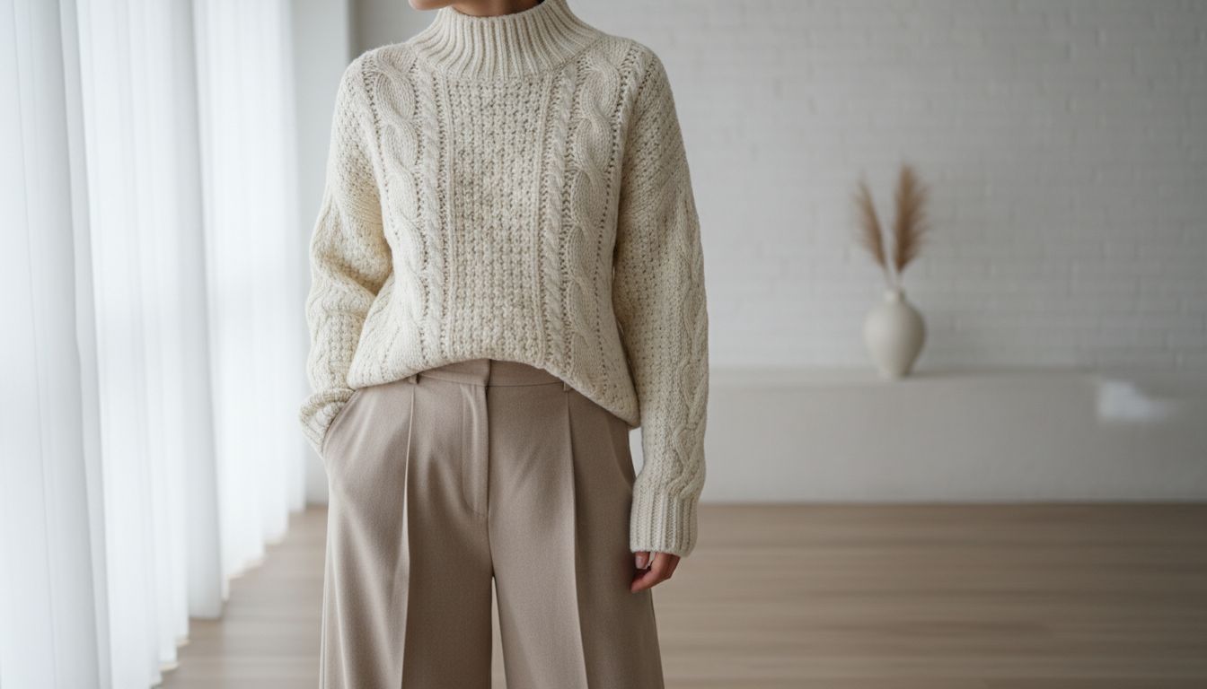Стилизованный свитер крупной вязки цвета слоновой кости с высоким воротником-стойкой Funnel Neck, сочетающийся с широкими шерстяными брюками.