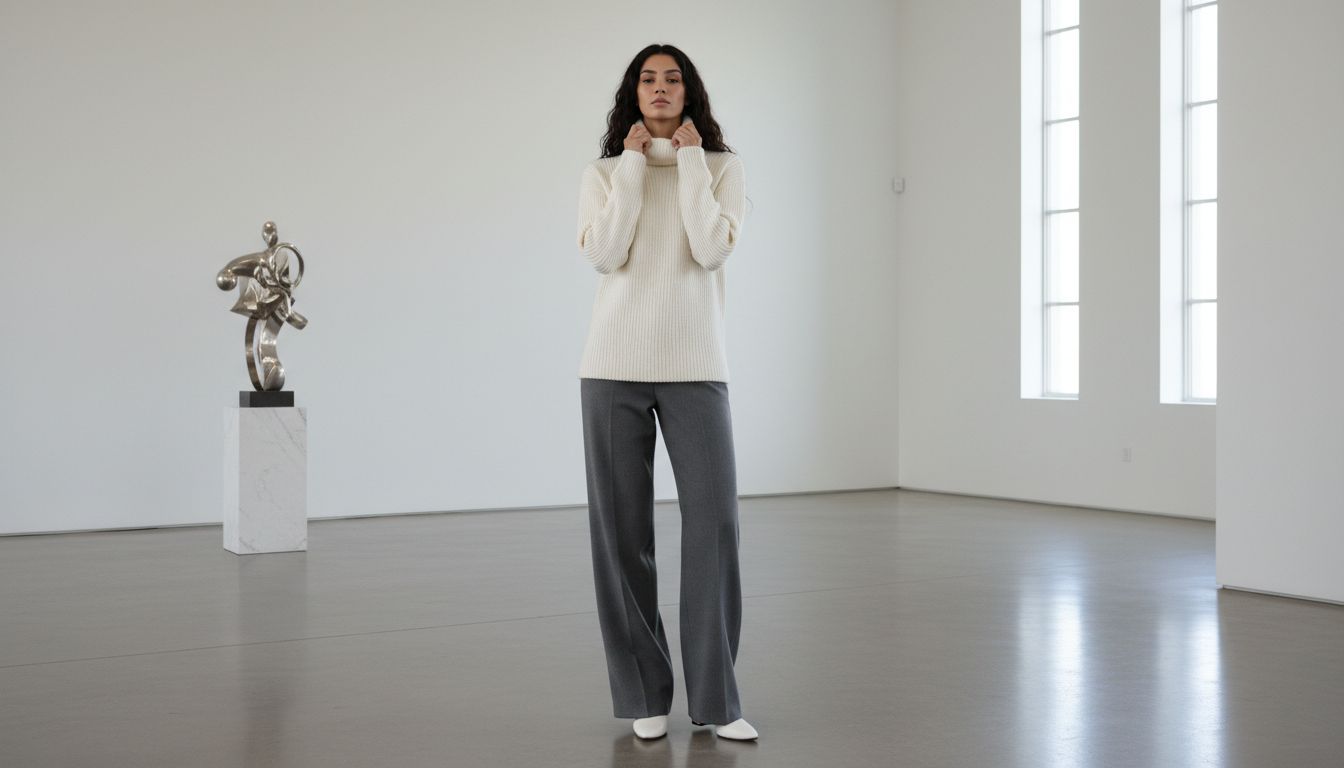 Фэшн-съемка, где модель демонстрирует, как заправлять длинные волосы внутрь высокого воротника-стойки, чтобы подчеркнуть линию шеи.