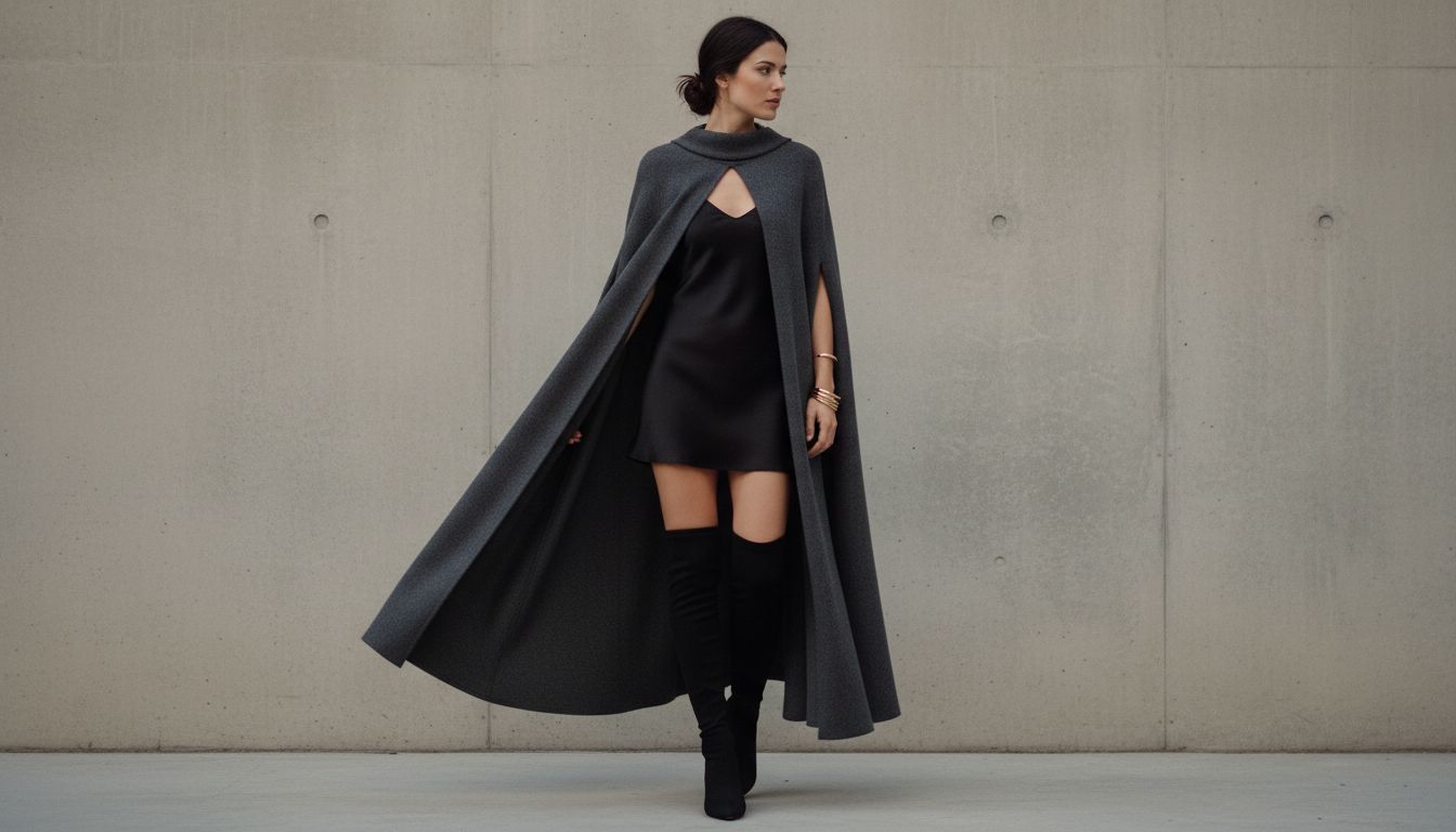 Стилизованный образ: длинный серый кейп, надетый поверх короткого черного платья, с черными ботфортами-чулками и тонкими золотыми браслетами.