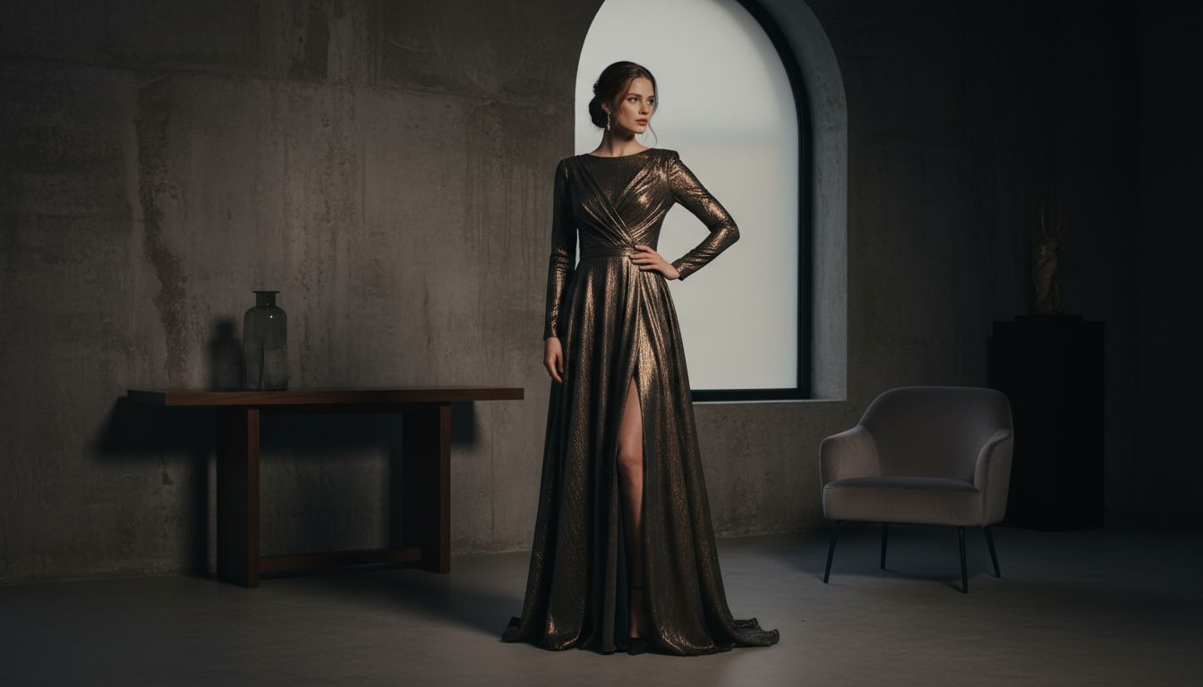 Модель в длинном вечернем платье из струящегося ламе цвета окисленной бронзы, стоящая на фоне темного интерьера.