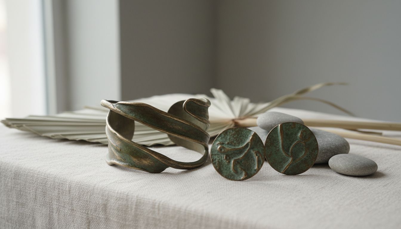 Натюрморт с крупными скульптурными украшениями из окисленной бронзы: браслет-манжета и массивные серьги-пуссеты.