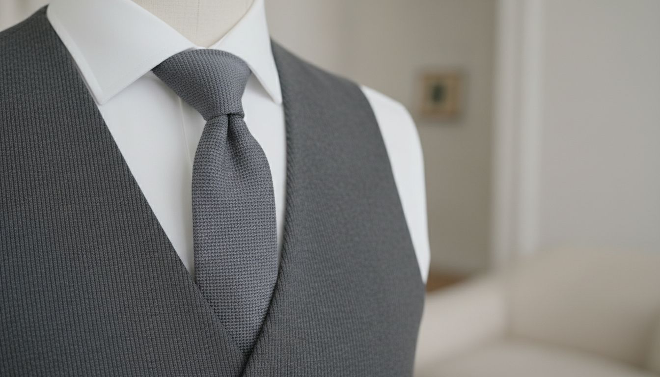 Крупный план на трикотажный галстук из кашемира в сочетании с белой рубашкой и шерстяным жилетом с V-образным вырезом.