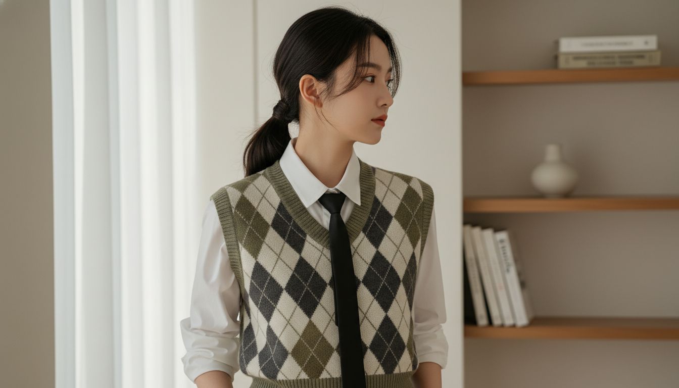 Девушка в белой рубашке, тонком черном галстуке и трикотажном жилете с ромбовидным узором, смотрит в сторону. Акцент на многослойности.