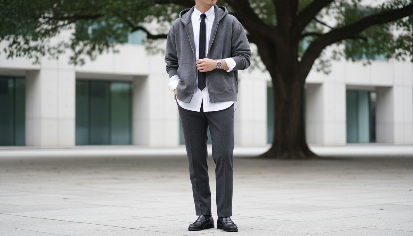 Модель в стиле преппи, в белой рубашке с черным узким галстуком, под которым надета оверсайз толстовка с капюшоном и строгие брюки. Сочетание спортивного и формального стиля.