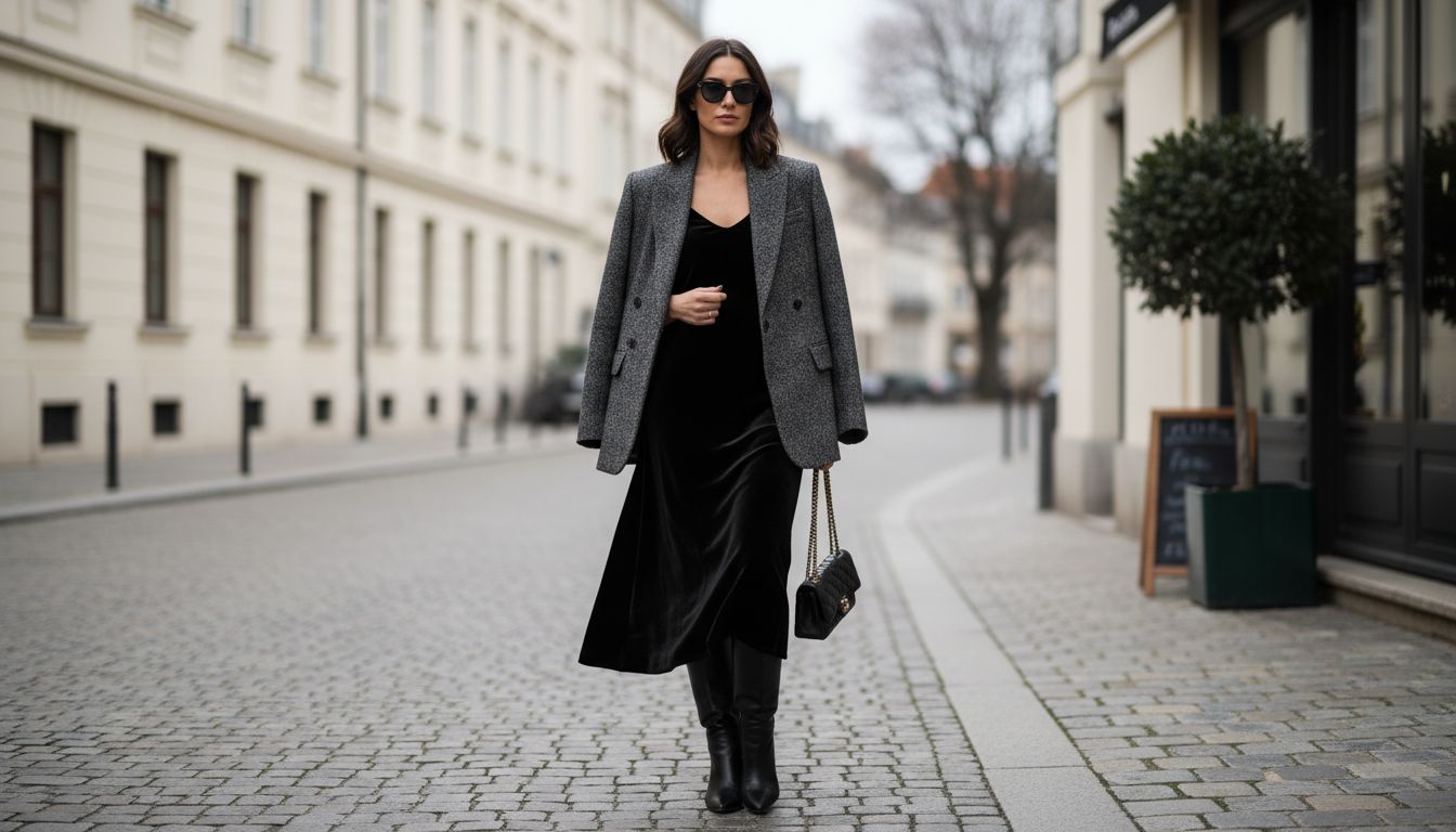 Девушка в черном бархатном платье-комбинации, поверх которого надет серый твидовый оверсайз-жакет, и высокие кожаные сапоги.