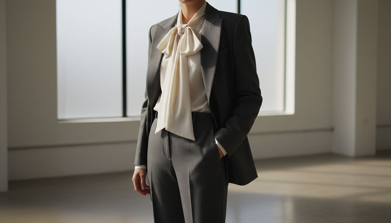 Стилизованный образ: угольно-серый костюм, под которым надета кремовая шелковая блузка с бантом. Акцент на контрасте мягких и строгих линий.