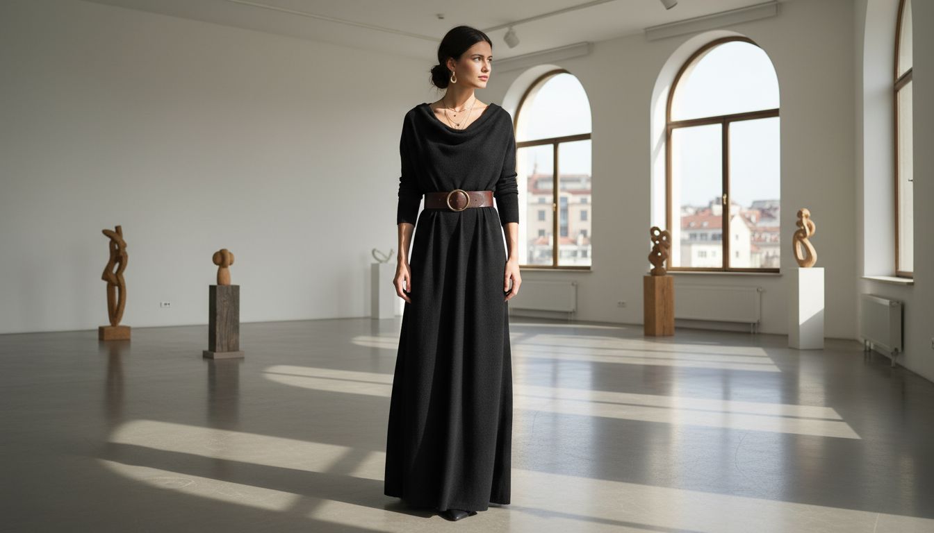 Женщина в длинном черном трикотажном платье с воротником-качели, подчеркнутом широким кожаным ремнем с металлической пряжкой.
