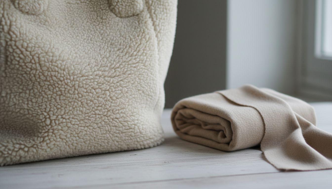 Крупный план на сумку-тоут, полностью выполненную из кремового шерлинга, лежащую рядом с кашемировым шарфом.