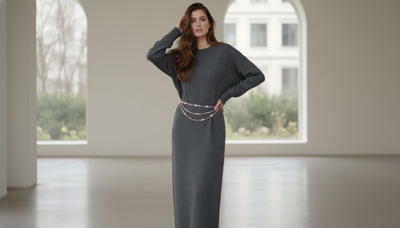 Девушка в длинном сером платье-свитере, поверх которого надета двойная тонкая золотая цепь-ремень на бедрах.