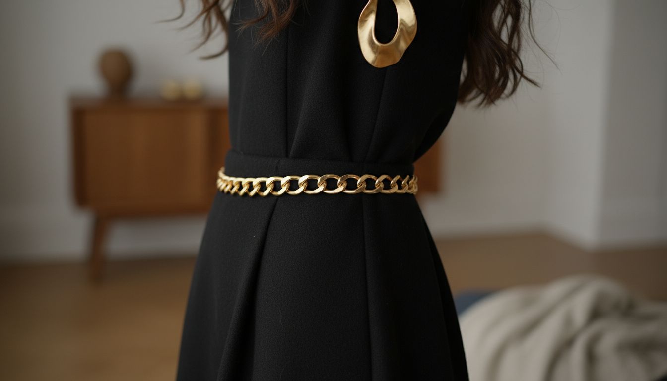 Детальный снимок золотого ремня-цепи, стилизованного поверх черной шерстяной юбки-миди, сбоку видны массивные скульптурные серьги.
