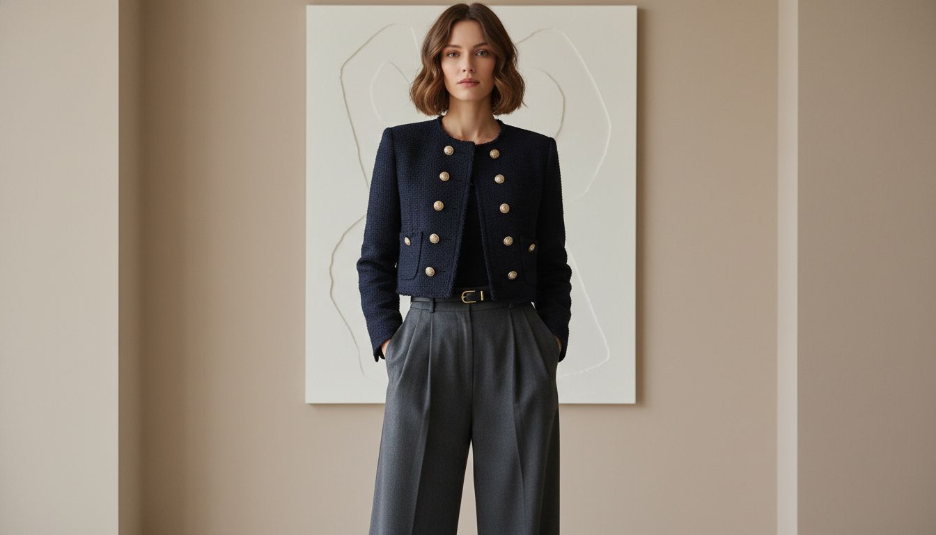 Женщина в темно-синем твидовом укороченном жакете с золотыми пуговицами и широких серых брюках с защипами, подчеркивающих талию.