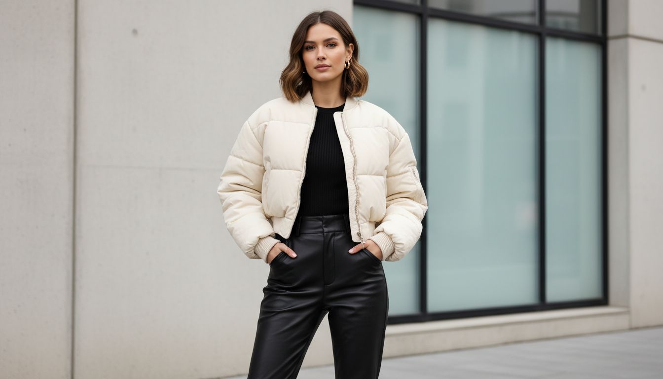 Девушка в бежевом дутом укороченном бомбере и черных кожаных брюках с очень высокой талией, демонстрирующая контраст объемов.