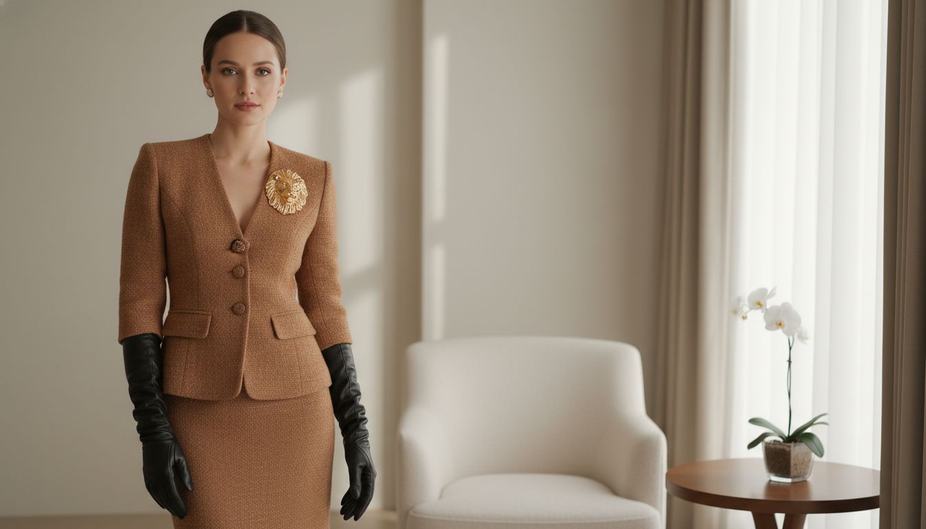 Женщина в твидовом костюме-двойке (юбка-карандаш и жакет) карамельного цвета, с высокими черными перчатками и золотой брошью на лацкане.