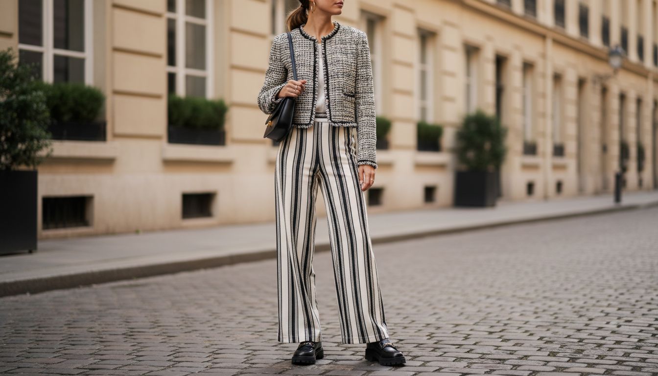 Деловой образ: широкие брюки в полоску, укороченный твидовый жакет и лоферы на тракторной подошве, подчеркивающие деловой, но расслабленный стиль.
