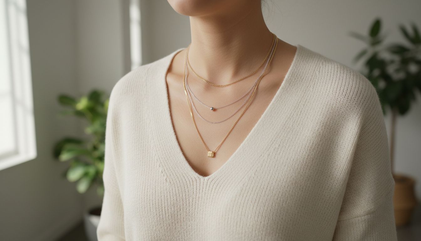 Образ с глубоким V-вырезом свитера, где переплетаются три цепи разной длины - две золотых и одна серебряная.