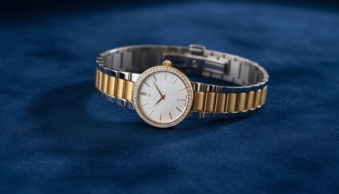 Ювелирные часы с комбинированным браслетом из серебра и золота, лежащие на бархатной поверхности.