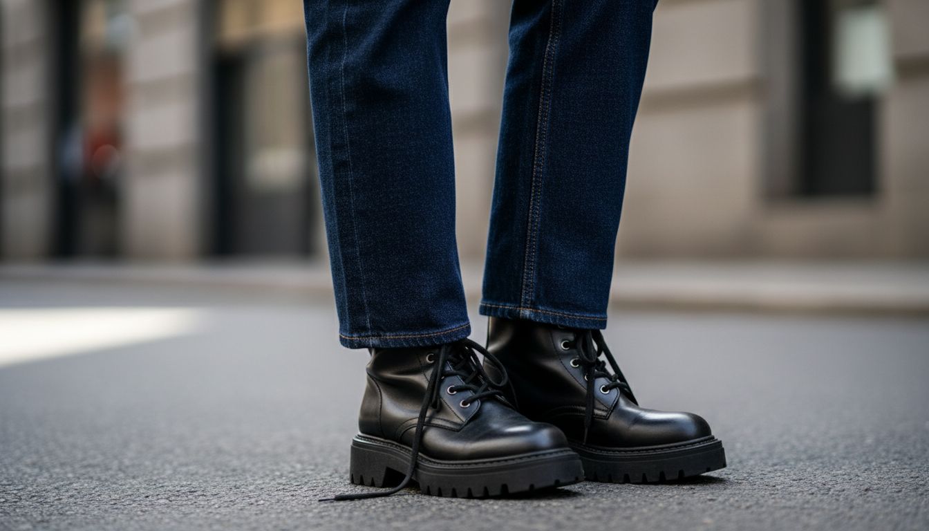Крупный план брюк-бочонок из плотного денима в сочетании с массивными ботинками на тракторной подошве.
