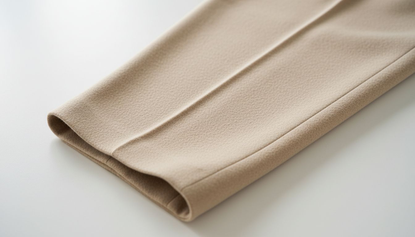 Детализация закругленного шва на брюках-бочонок из плотной бежевой шерсти.