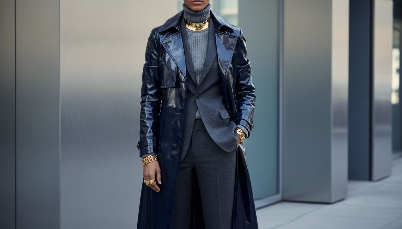Стилизация Полуночного Синего Лакового Плаща с серым кашемировым костюмом и массивными золотыми украшениями.