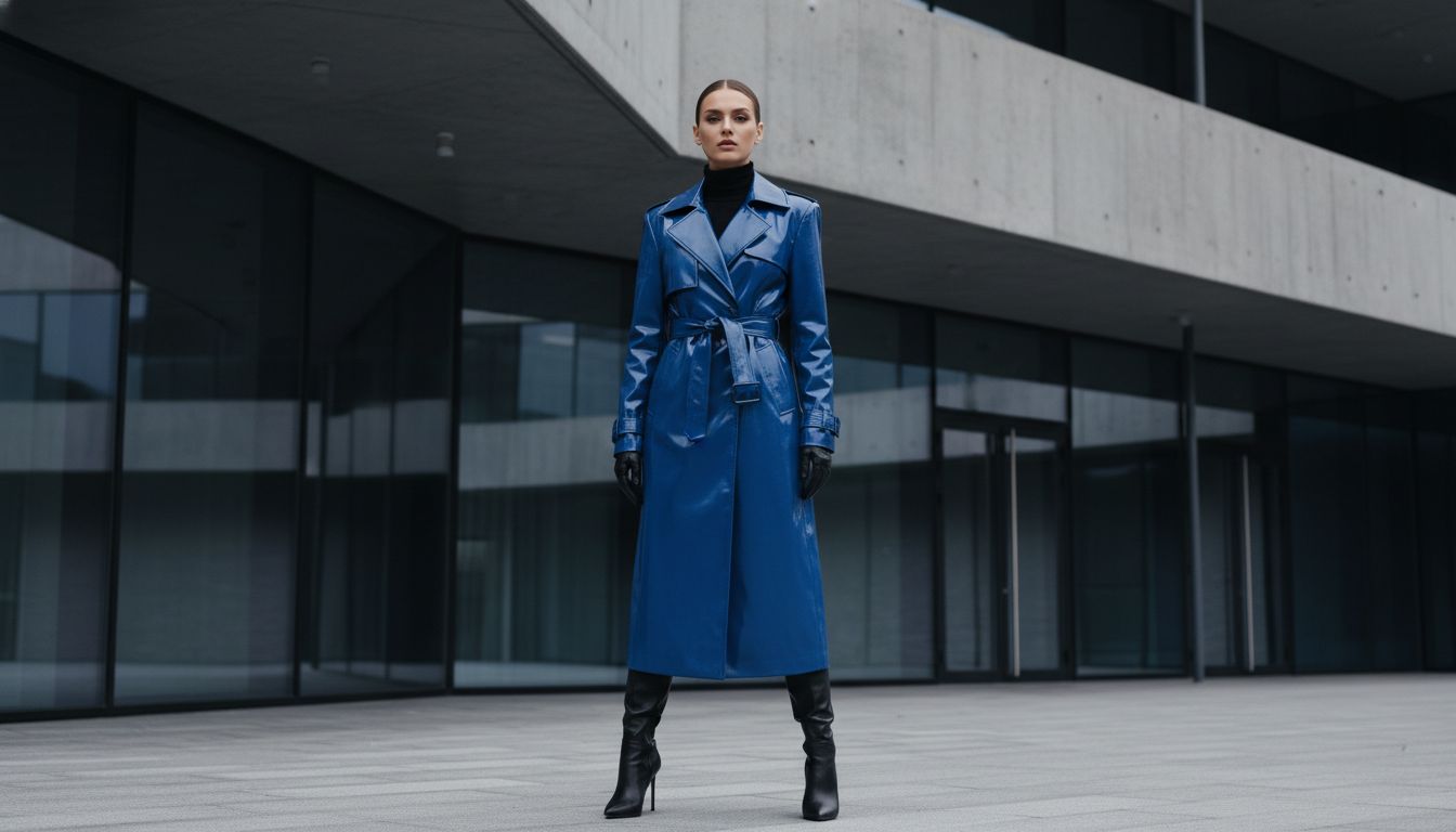 Женщина в глянцевом синем плаще, стоящая на фоне архитектурного здания, демонстрируя строгость и блеск образа.