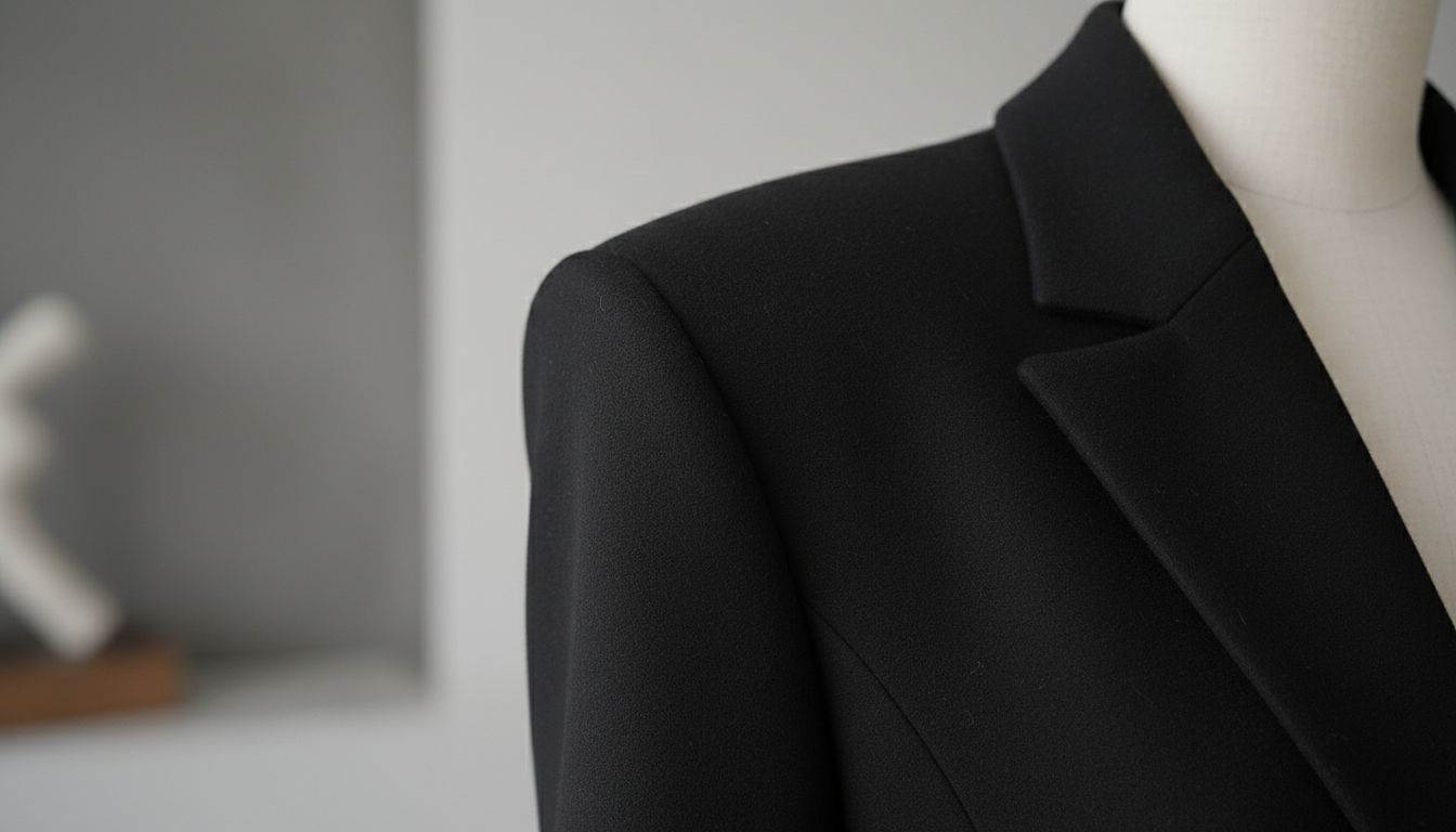 Детальный снимок плеча черного шерстяного жакета, демонстрирующий острый, прямоугольный, гипертрофированный подплечник.