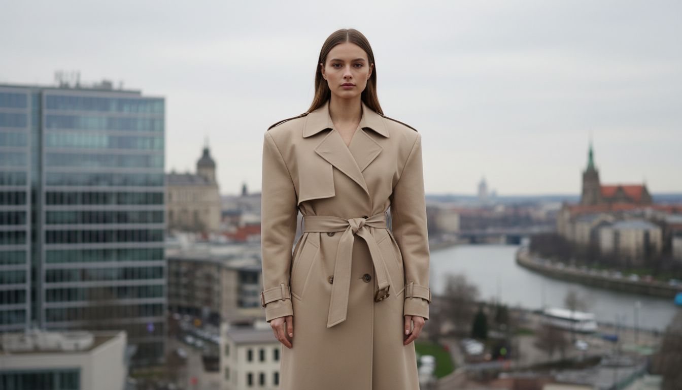 Модель в бежевом тренче с очень широкими, структурированными плечами, стоящая на фоне городского пейзажа. Тренч застегнут и подпоясан.