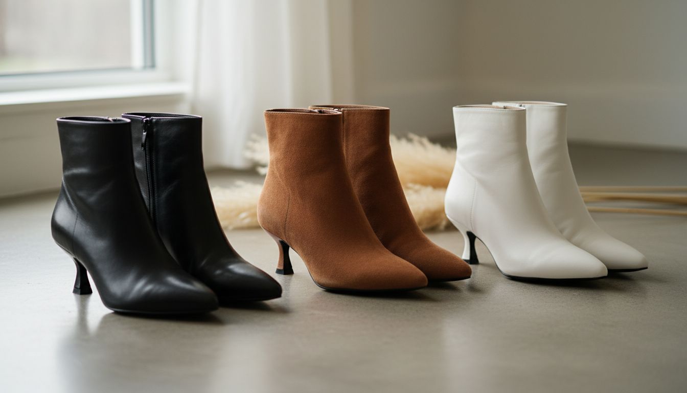 Три пары остроносых ботильонов на каблуке-рюмочке: черная кожа, коричневая замша и белая матовая кожа.