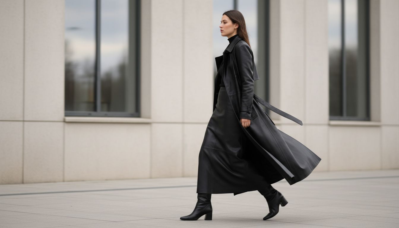 Женщина в длинном кожаном плаще и юбке-макси, демонстрирующая походку в черных остроносых сапогах на низком каблуке.