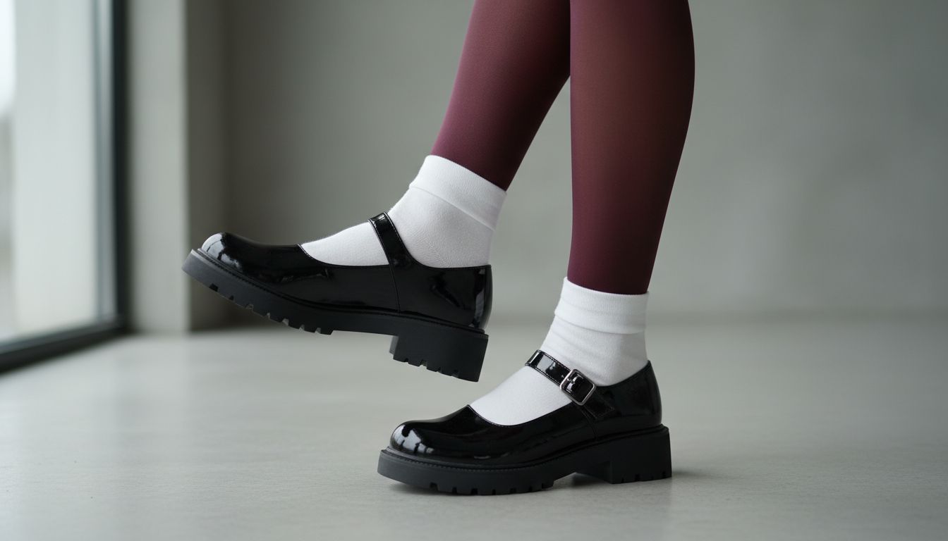 Крупный план стилизации: бордовые плотные колготки, черные лаковые туфли Мэри-Джейнс с белыми носками, выглядывающими из-под обуви.