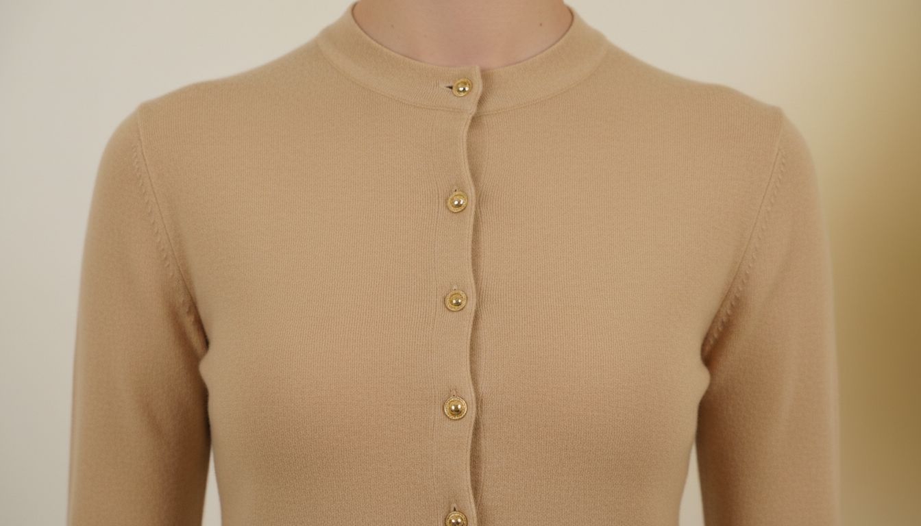 Крупный план на облегающий кашемировый кардиган с мелкими золотистыми пуговицами, застегнутый до самого горла.