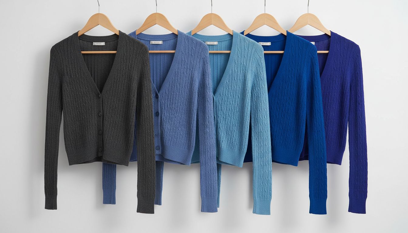 Коллекция облегающих кардиганов Shrunken Knit разных цветов (от графитового до яркого синего), развешанных в ряд, демонстрируя разнообразие фактур.