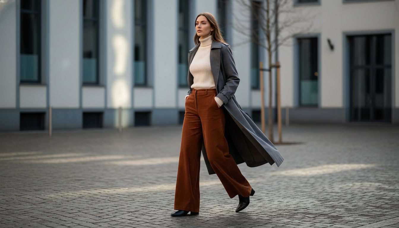 Модель в полный рост, демонстрирующая походку в широких вельветовых палаццо, подчеркивающих вертикаль и длину ног.