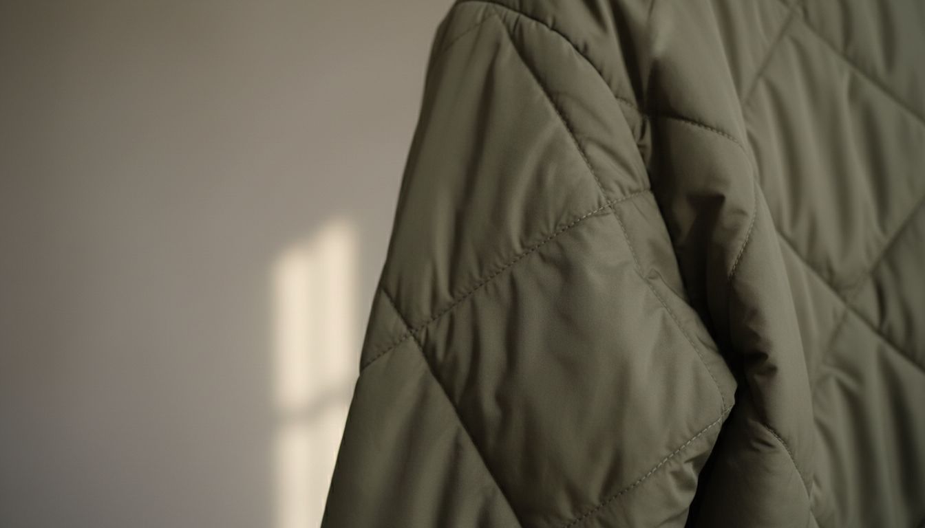 Крупный план стеганой фактуры на рукаве куртки-рубашки из оливково-зеленого нейлона.