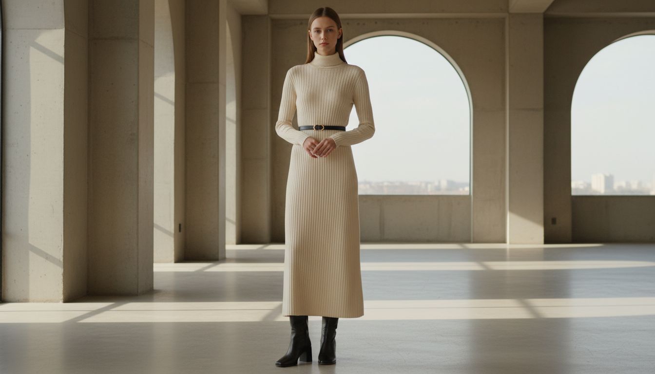 Стилизация: тонкий ремень на талии поверх длинного трикотажного платья-водолазки