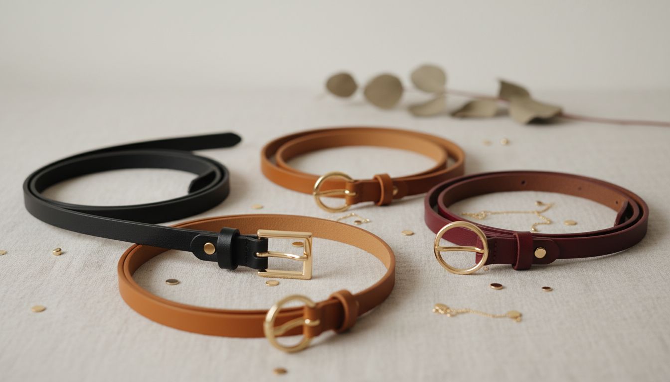 Аксессуары: коллекция тонких кожаных ремней разных нейтральных цветов (черный, карамельный, бордовый) с минималистичными золотыми пряжками.