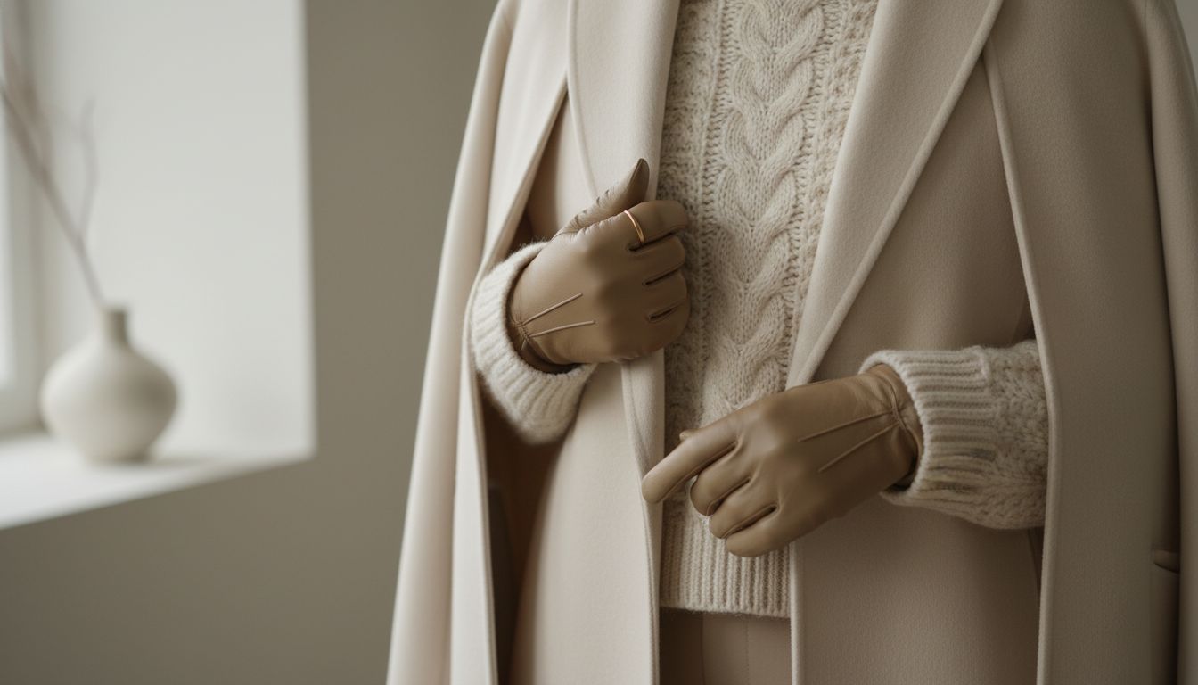 Детальный снимок многослойного кремового образа, где видно сочетание гладкой шерсти пальто, крупной вязки свитера и матовой кожи перчаток.