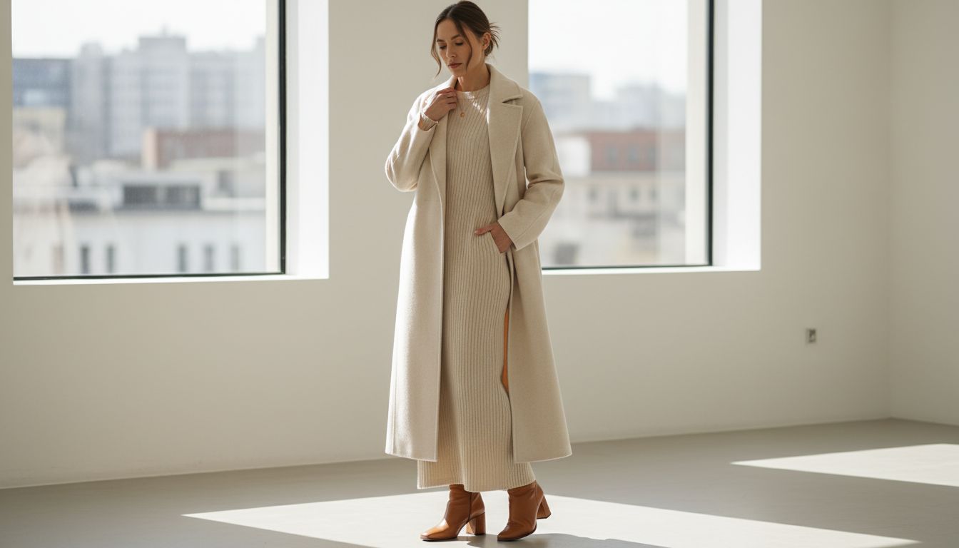 Модель в кремовом вязаном платье-макси и длинном пальто в тон. На ногах- ботильоны цвета карамели.