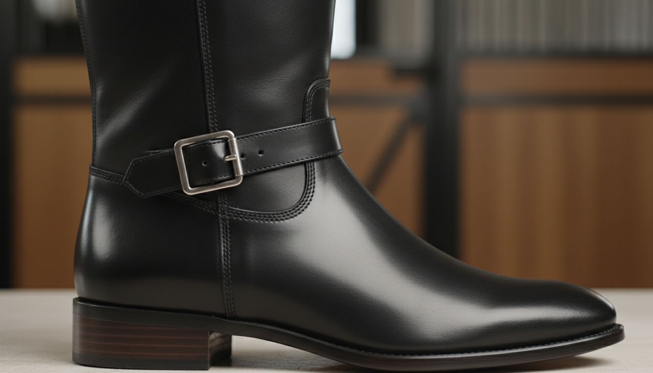 Крупный план идеальных черных кожаных сапог для верховой езды с минималистичной пряжкой на щиколотке и низким каблуком-штабелем.