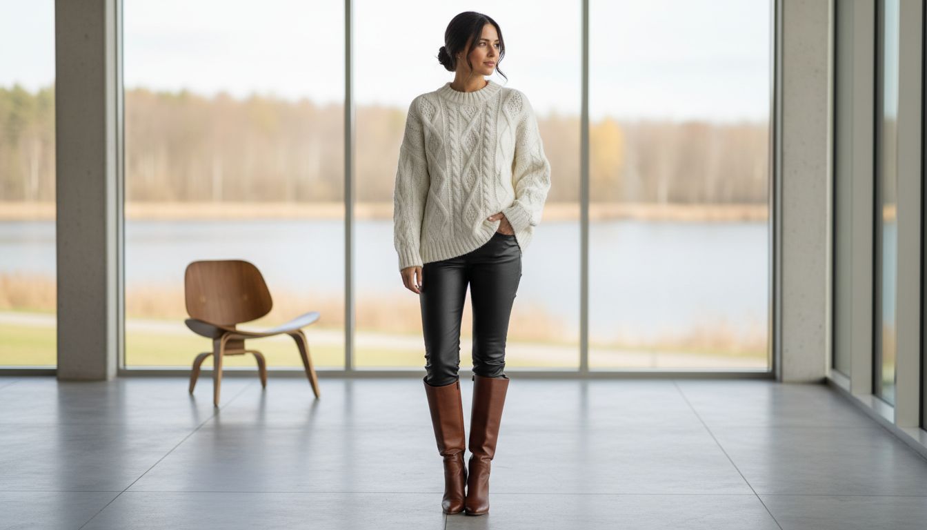 Девушка в узких черных брюках, заправленных в высокие коричневые сапоги, и объемном белом свитере крупной вязки. Контраст объемов и фактур.