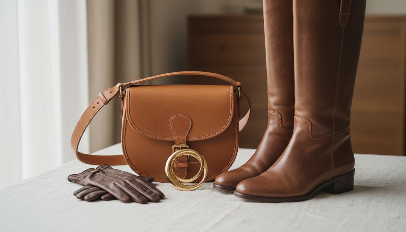 Подборка аксессуаров: кожаные перчатки, структурная сумка-седло и золотая сдержанная брошь, лежащие рядом с коричневыми сапогами.