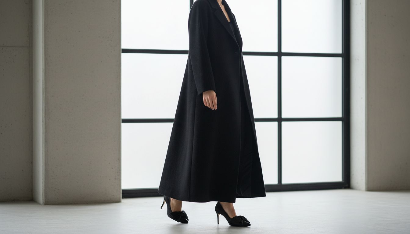 Женщина в черном шерстяном пальто-макси, из-под которого видны остроносые туфли с огромными бантами на носке.