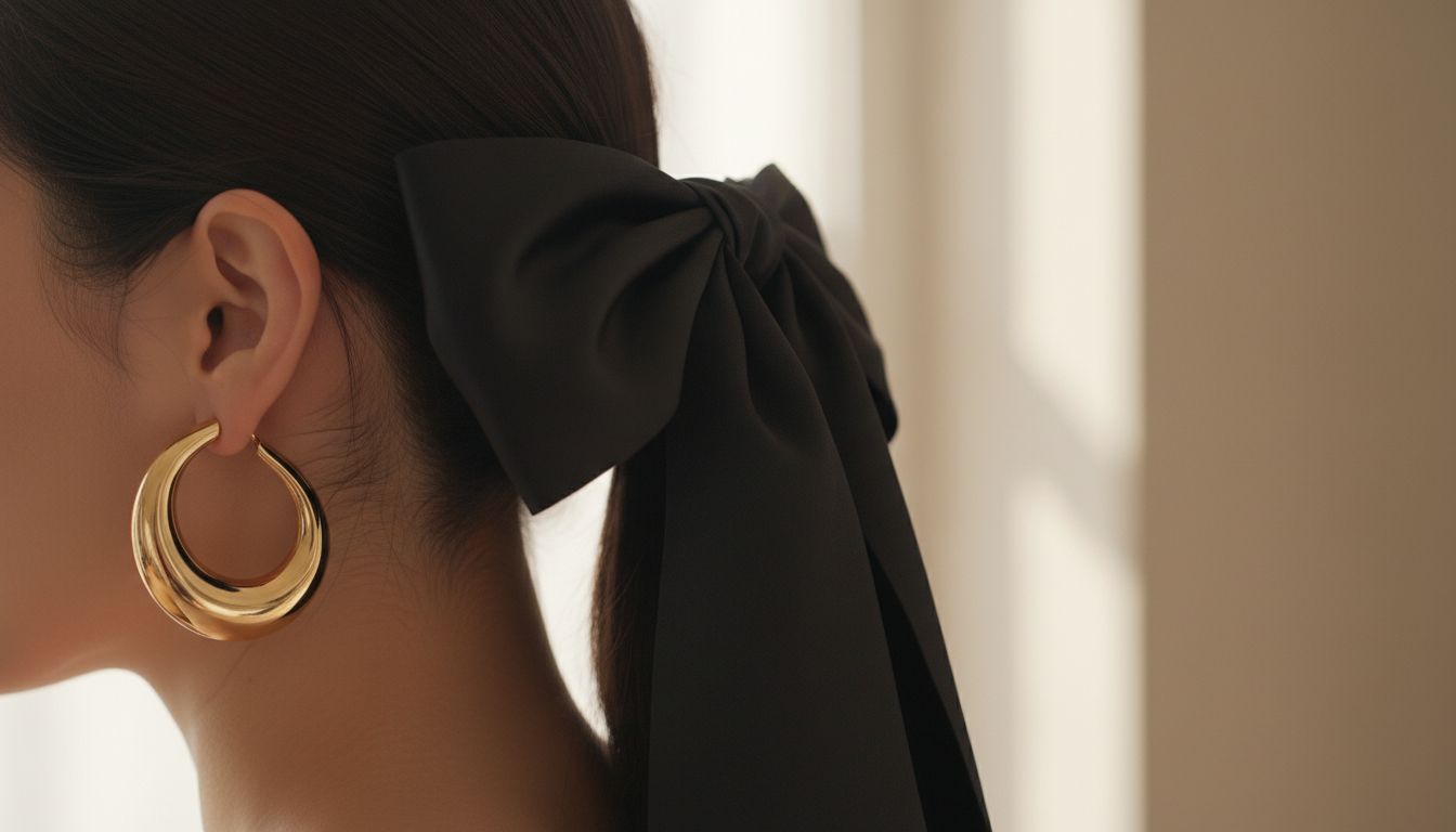 Крупный план: черный атласный бант, завязанный на низком хвосте, стилизованный с массивными золотыми серьгами.
