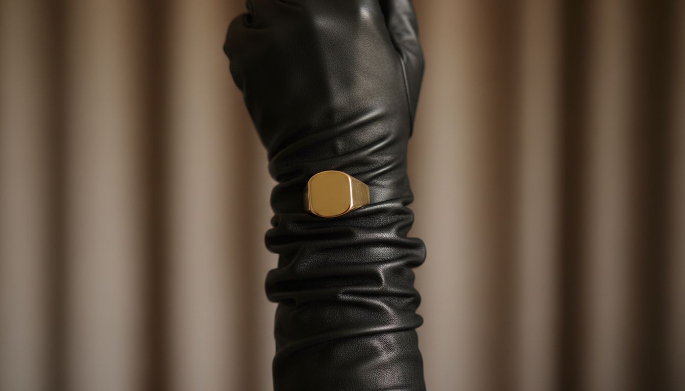 Крупный план черных кожаных оперных перчаток, присборенных на руке, с золотым кольцом-печаткой поверх перчатки.