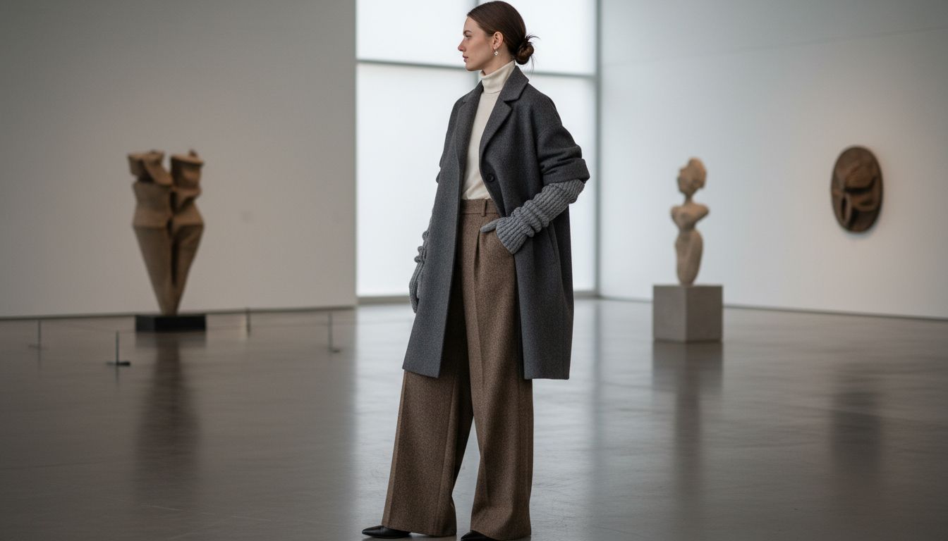 Девушка в длинных перчатках из плотного серого трикотажа, стилизованных с оверсайз-пальто и широкими шерстяными брюками.