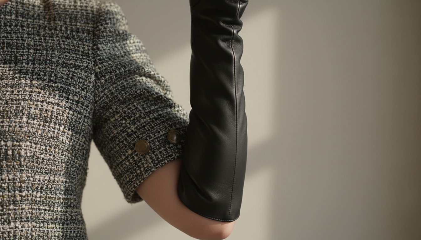 Стилизованный образ: длинные кожаные перчатки, выглядывающие из-под рукава короткого твидового жакета.