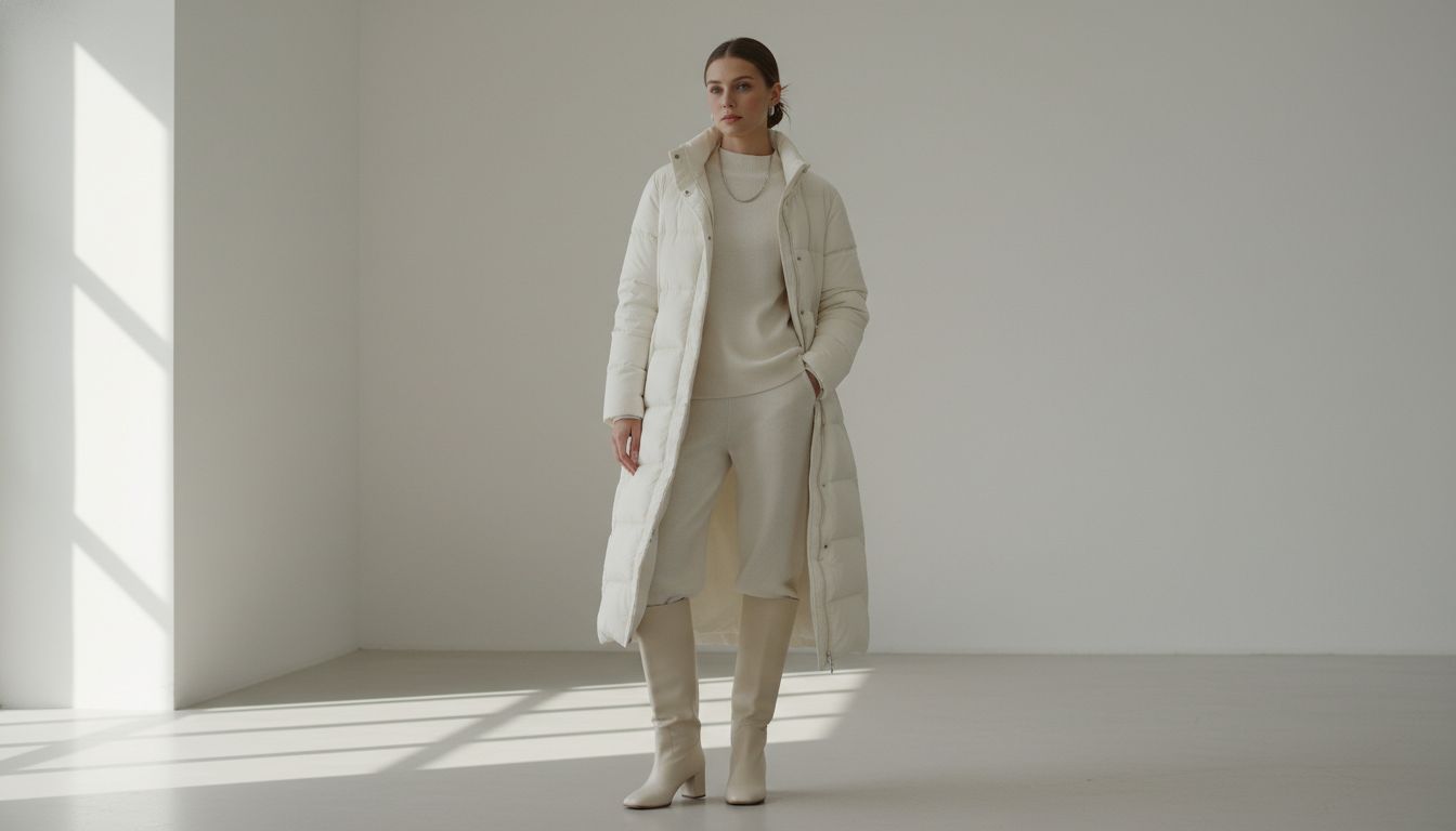 Девушка в белом монохромном образе: длинный пуховик цвета слоновой кости, высокие сапоги и тонкий трикотажный костюм под ним.