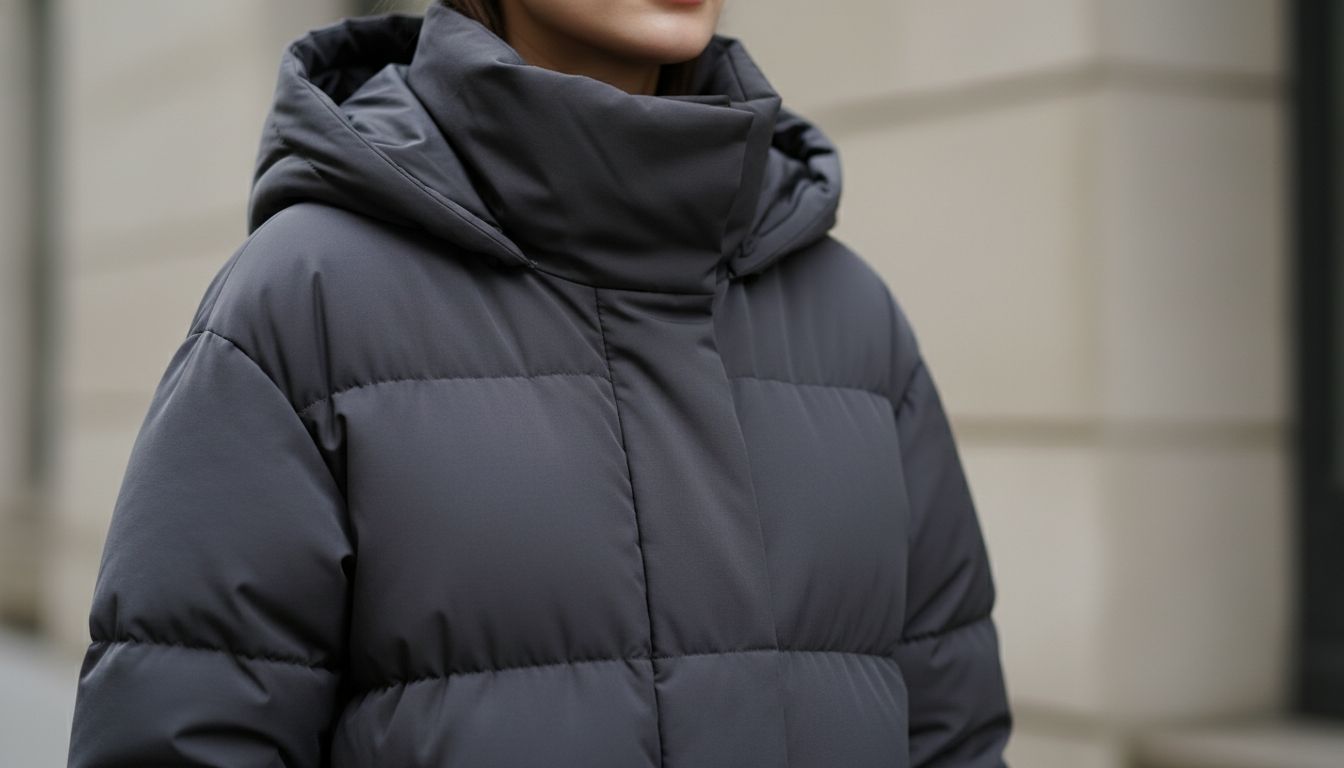 Крупный план воротника и капюшона макси-пуховика в насыщенном угольно-сером цвете с крупной горизонтальной прострочкой.