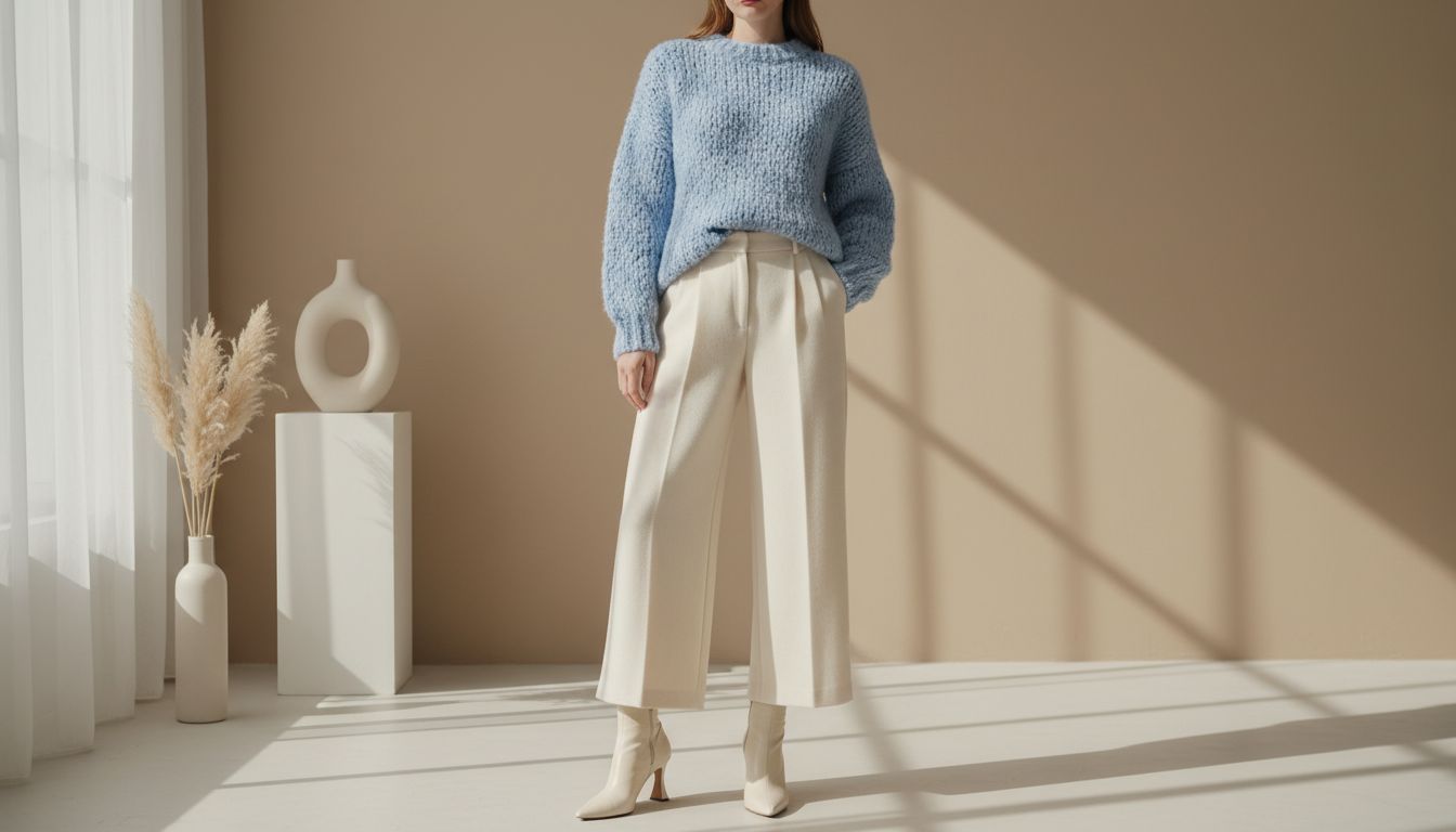 Стилизованный образ: свитер крупной вязки цвета ледяного голубого с брюками из шерсти цвета слоновой кости и ботильонами на каблуке-рюмочке.